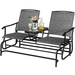 SLICKBLUE 2-Person Outdoor Double Rocking Loveseat With Breathable Mesh Seats And Built-In Tempered Glass Table