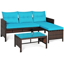 SLICKBLUE 3 Piece Outdoor Patio Corner Rattan Sofa Set-Turquoise
