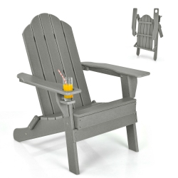 SLICKBLUE Patio Folding Adirondack Chair With Built-In Cup Holder-Gray