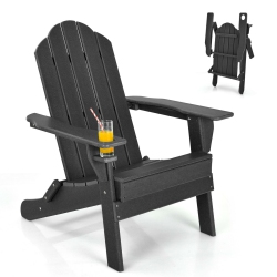 SLICKBLUE Patio Folding Adirondack Chair With Built-In Cup Holder-Black
