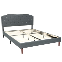 SLICKBLUE Adjustable Headboard Upholstered Bed – Button Tufted Frame With Wood Slats