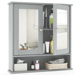 SLICKBLUE Wall-Mounted Bathroom Mirror Cabinet With Double Doors And Open Storage Shelf