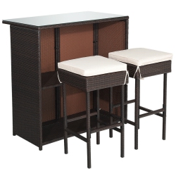 SLICKBLUE 3-Piece Outdoor Bar Set With Rattan Wicker Table And Stools for Patio Dining