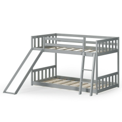 SLICKBLUE Twin Over Twin Bunk Wooden Low Bed With Slide Ladder for Kids-Gray