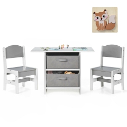 SLICKBLUE Kids Art Table And 2 Chairs Set With Wood Frame And Storage Baskets for Puzzles