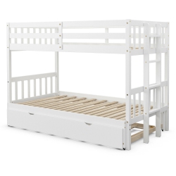SLICKBLUE Twin Pull-Out Bunk Bed With Trundle Wooden Ladder-White