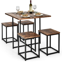 COSTWAY 5PCs Dining Set Compact Dining Table And 4 Stools Metal Frame