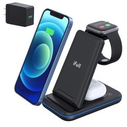 HLD Iphone Wireless Charger Stand, Qi Fast Foldable 3 In 1 Charging Station, Wireless Charging Dock for Apple Iphone 13/12/11/11Pr