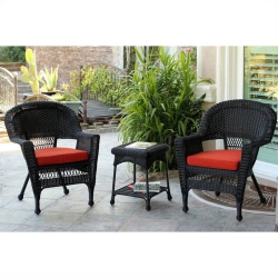 JECO INC. Jeco 3 Piece Wicker Conversation Set In Black With Cushions In Red Orange
