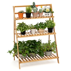 TOPBUY 3 Tier Folding Storage Shelf Bamboo Ladder Plant Stand Flower Pot Display Shelf Rack Natural for Indoor&outdoor