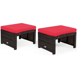 TOPBUY Patiojoy 2 PCs Outdoor Wicker Ottoman Patio Rattan Furniture Metal Footrest Seat Square Footstool With Cushion