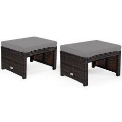 TOPBUY Patiojoy 2 PCs Outdoor Wicker Ottoman Patio Rattan Furniture Metal Footrest Seat Square Footstool With Cushion