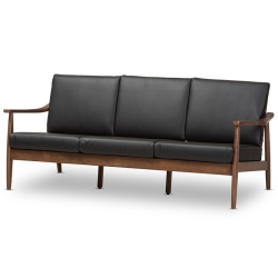 BOWERY HILL Faux Leather Sofa In Black And Walnut In Brown