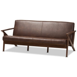 BOWERY HILL Faux Leather Sofa In And Walnut Brown In Dark Brown