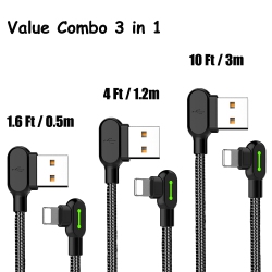MCDODO [3 Pack] USB-A to Lightning Fast Charging Cable USB 90 Degree Right Angle Gaming Led Nylon Braided for Iphone14 Iphone 13/pad/pod (Black