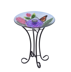 HI-LINE GIFT LTD Solar Led Floral Glass Butterfly Bird Bath With Stand