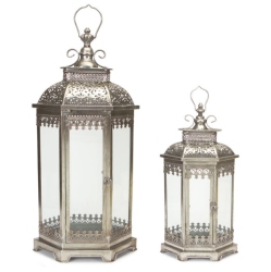 MELROSE Set Of 2 Antique Style Decorative Glass Pillar Candle Lanterns 34" In Silver