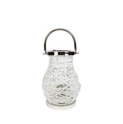NORTHLIGHT 13.5" Modern Decorative Woven Iron Pillar Candle Lantern With Glass Hurricane In White