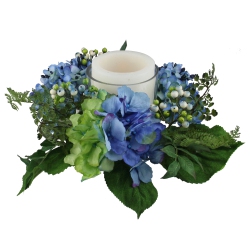 SELECT ARTIFICIALS 16" Decorative Artificial Blue And Hydrangea And Berry Hurricane Glass Candle Holder In Green