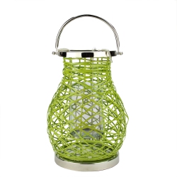 NORTHLIGHT 13.5" Modern Decorative Woven Iron Pillar Candle Lantern With Glass Hurricane In Green
