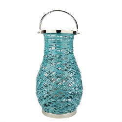 NORTHLIGHT 18.5" Modern Turquosie Decorative Woven Iron Pillar Candle Lantern With Glass Hurricane In Blue