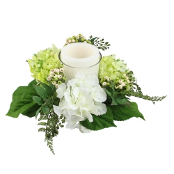 SELECT ARTIFICIALS 16" Decorative Artificial Cream White And Hydrangea And Berry Hurricane Glass Candle Holder In Green