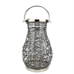 NORTHLIGHT 16.25" Modern Decorative Woven Iron Pillar Candle Lantern With Glass Hurricane In Gray