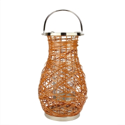 NORTHLIGHT 16.25" Modern Decorative Woven Iron Pillar Candle Lantern With Glass Hurricane In Orange