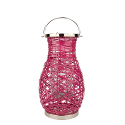 NORTHLIGHT 18.5" Modern Fuchsia Decorative Woven Iron Pillar Candle Lantern With Glass Hurricane In Pink