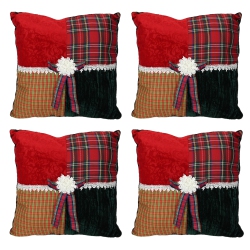 CC CHRISTMAS DECOR Pack Of 4 Square Textured Tartan Plaid Velvet Decorative Christmas Throw Pillows