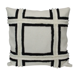 MELROSE 17" Ivory And Grid Fringe Square Throw Pillow In Black