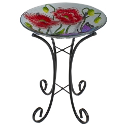 NORTHLIGHT 21" Butterfly And Carnations Hand Painted Glass Outdoor Birdbath
