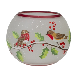 NORTHLIGHT 5-Inch Hand Painted Finches And Pine Flameless Glass Candle Holder