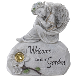 NORTHLIGHT 9.25" Solar Powered "welcome to Our Garden" Angel Outdoor Garden Statue In Gray