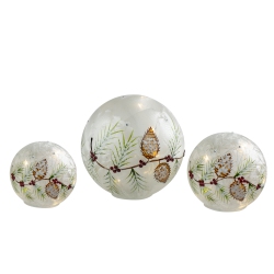 MELROSE Set Of 3 Led Frosted Snowball Berries And Pine Glass Christmas Globes With Timer - 8
