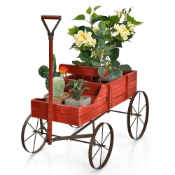 SLICKBLUE Wooden Wagon Planter Bed With Metal Wheels for Garden, Yard, And Patio