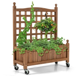 SLICKBLUE 32In Wood Planter Box With Trellis Mobile Raised Bed for Climbing Plant