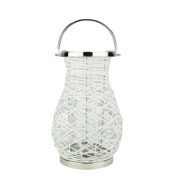 NORTHLIGHT 16.25" Modern Decorative Woven Iron Pillar Candle Lantern With Glass Hurricane In White