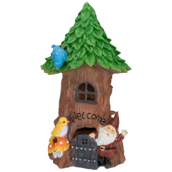 NORTHLIGHT 14" Solar Lighted Welcome Gnome Tree House Outdoor Garden Statue