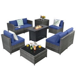 TOPBUY Patiojoy 9 PCs Rattan Dinning Set Wicker Sofa W/propane Gas Fire Pit 60, 000 Btu Heater Grey/black/navy/red/off In White