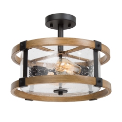LNC Rustic 2-Light Wooden Flush Mount With Seeded Glass