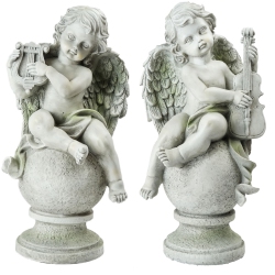 NORTHLIGHT 14.75" Set Of 2 Cherub Angels With Violin And Harp Sitting On Finials Outdoor Garden Statues In Ivory