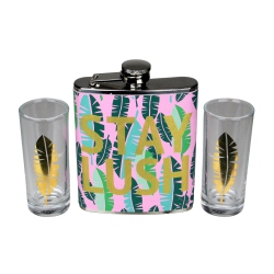 WILD EYE Tropical "stay Lush" Flask And Shot Glass Gift Set 7 OZ