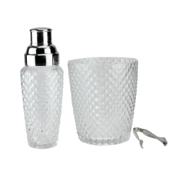 WILD EYE Set Of 3 Diamond Cut Handcrafted Clear Cocktail Shaker With Bucket And Tong 9.5