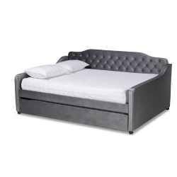BAXTON STUDIO Freda Velvet Button Tufted Full Size Wood Daybed With Trundle In Gray