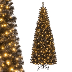 TOPBUY Happygrill 6Ft Pre-Lit Christmas Halloween Tree Hinged Artificial Pencil Tree W/ 618 Pvc Branch Tips & 300 Warm Lights In White