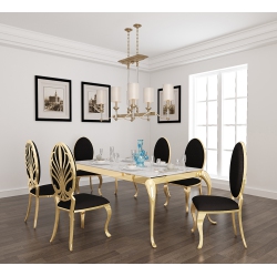 QUEENSONS Soleil Gold 63" Marble Dining Table & 6 Velvet Ice Gold Dining Chairs In Black