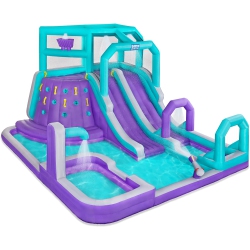 SUNNY & FUN Mega Climb N’ Go Inflatable Water Slide Park – Heavy-Duty for Outdoor Fun - Climbing Wall, 2 Slides, Splash & Deep Pool – Easy To