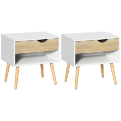 HOMCOM Set Of 2 Bedside Table With Drawer And Shelf, Modern Nightstand With Wooden Legs, End Table for Bedroom In White