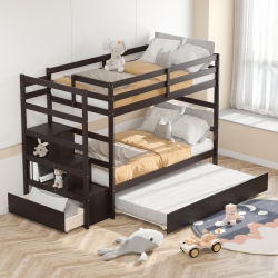 COSTWAY Twin Over Twin Bunk Bed With Trundle Stairway And Storage Shelf Drawer